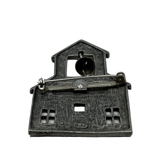 Vintage JJ School Brooch Pewter Tone Moveable Bell Old Schoolhouse Pin - Picture 2 of 8